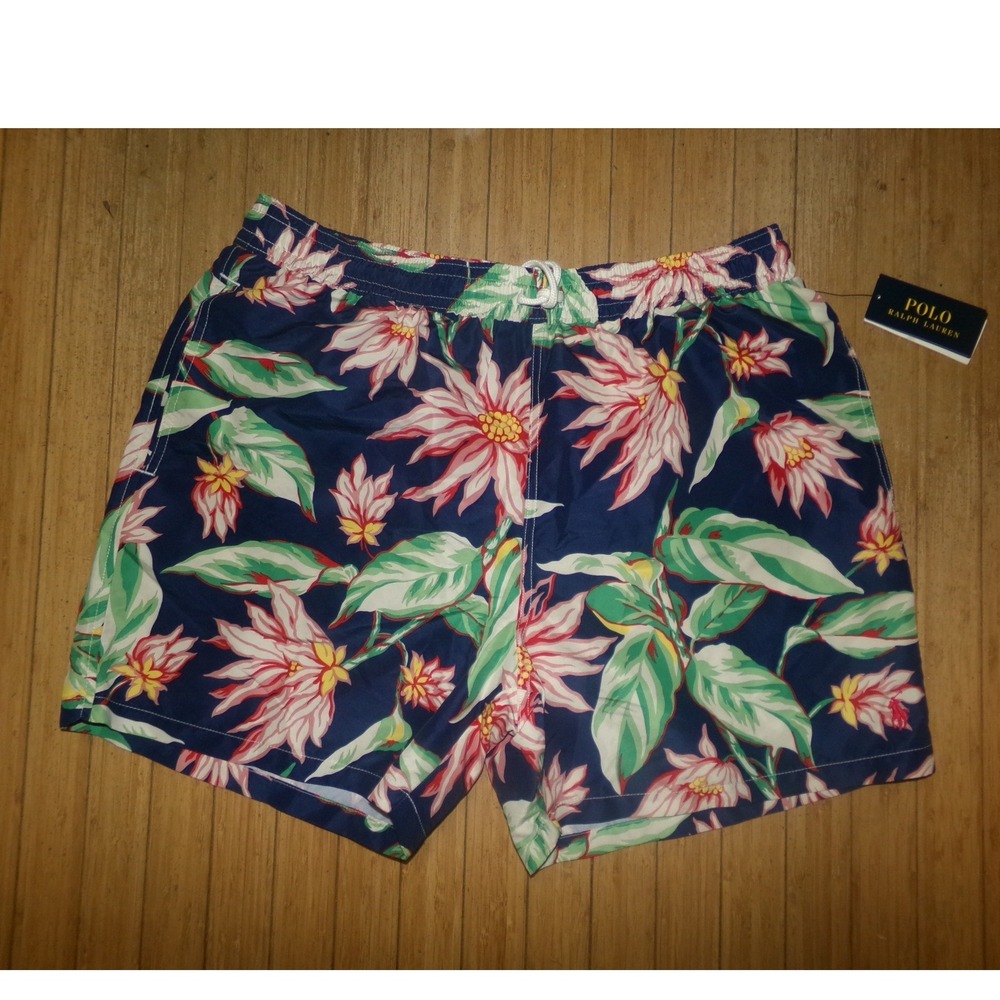 Polo Ralph Lauren Mens Floral Swim Trunks Navy Blue Tropical Hibiscus NWT Large